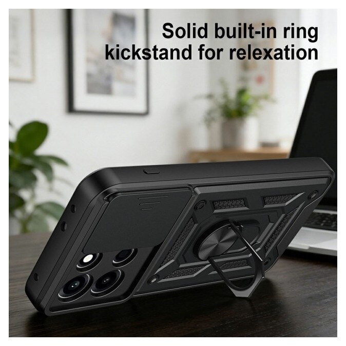 Husa Spate Upzz® Camshield Compatibila Cu OnePlus Nord 6, Protectie La Camere, Inel Metalic, Stand - Negru