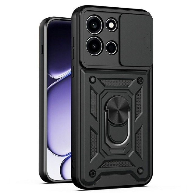 Husa Spate Upzz® Camshield Compatibila Cu OnePlus Nord 6, Protectie La Camere, Inel Metalic, Stand - Negru
