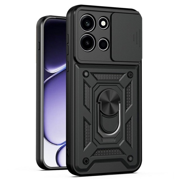 Husa Spate Upzz® Camshield Compatibila Cu OnePlus Nord 6, Protectie La Camere, Inel Metalic, Stand - Negru