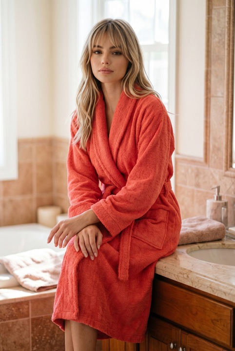 Дамски халат за баня, тип хавлия, абсорбиращ, StarFashion, с джобове и яка, Корал
