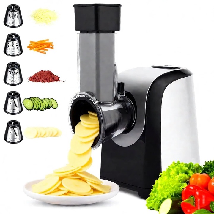 Taiator electric de legume 150W profesional, razatoare multipla 5 in 1 cu 5 tamburi de taiere, Taiator de legume pentru fructe, legume, branza, Se poate spala in masina de spalat vase