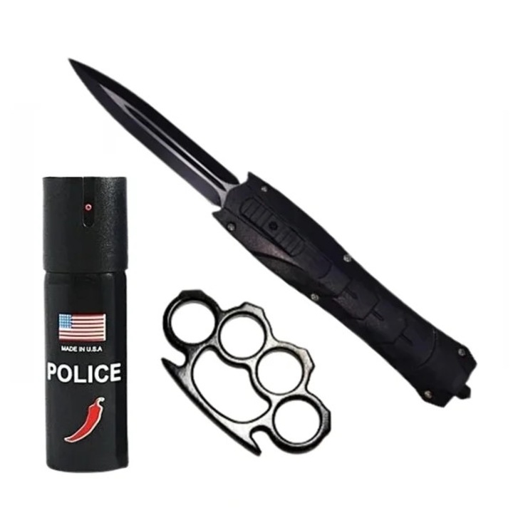 Set briceag automat de vanatoare, spray paralizant chili si rozeta autoaparare DEPOX®, 23 cm/60 ml/12 cm, negru