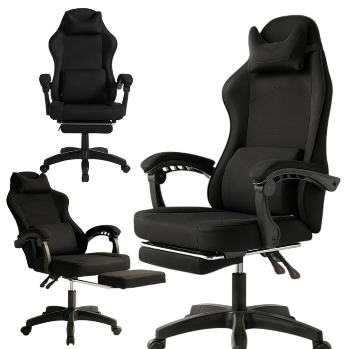 Gaming szék, Állítható magasság, 90 fokban dönthető háttámla, masszázs deréktámasz, 2 párna szett, párnázott kartámaszok, maximális terhelhetőség 150 kg, 120-130 x 62 x 48 cm, textil, Fekete