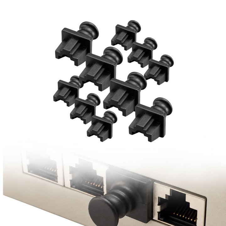 10 db porvédő dugó RJ45-höz, FONIX PortGuard, Porvédelem, Páratartalom elleni védelem, Szöszmentes, Karcálló, Biztonságos rögzítés, Kiváló minőségű anyag, Kopásálló, Matt fekete