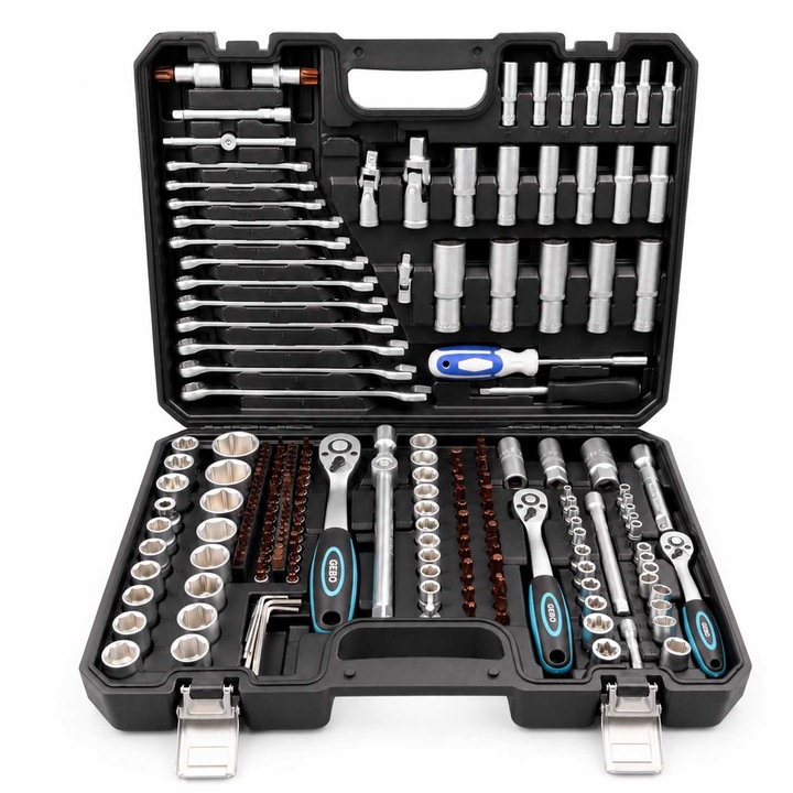 Trusa de scule profesionala cu tubulare si clicheti, GEBO TOOLS, 1/2, 3/8, 1/4, 216 piese