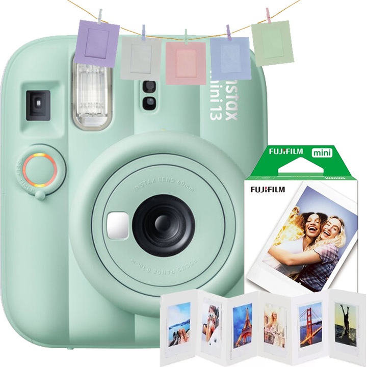 Fujifilm instax mini 13 Lagoon Green ajándék szett, zöld + 10 képes film + 10 képkeret zsinóron + harmonika keret