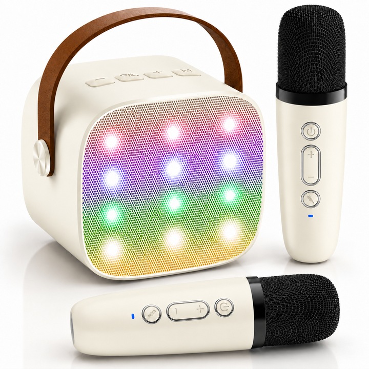 Karaoke Hangszóró Gyerekeknek 2 Vezeték Nélküli Mikrofonnal, Bluetooth 5.3, RGB LED Fények, 5 Énekeffektus, HiFi 14W Hangzás, DSP Chip, Újratölthető Akkumulátor, TF Kártya, Type-C, 10m Hatótáv, Zenei Játék Bulikra és Gyerek Ajándéknak, Fehér, COMPANIERO