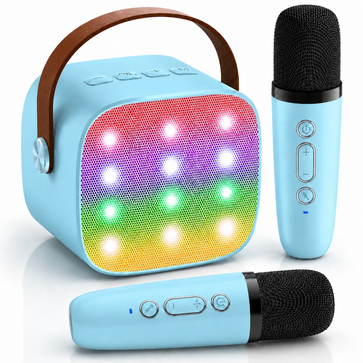 COMPANIERO Karaoke Hangszóró Gyerekeknek 2 Vezeték Nélküli Mikrofonnal, Bluetooth 5.3, RGB LED Fények, 5 Énekeffektus, HiFi Hangzás 14W, DSP Chip, Újratölthető Akkumulátor, TF Kártya, Type-C, 10m Hatótáv, Zenei Játék Bulikra, Gyerekeknek, Világoskék