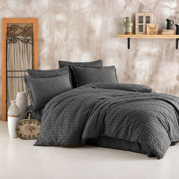 Jacquard dupla ágyneműgarnitúra, 100% ranforce pamut, 4 részes, 240 x 260 cm, Lenjerii Deosebite, Estina V7 Antracitszürke