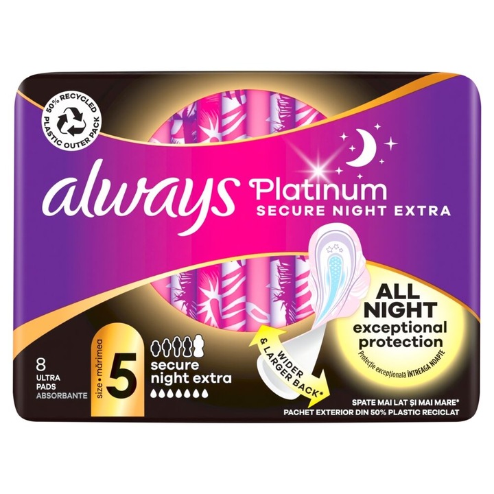 Превръзки Always Platinum Secure Night Extra дамски превръзки, 10 бр, 100% защита от протичане, комфортен дизайн