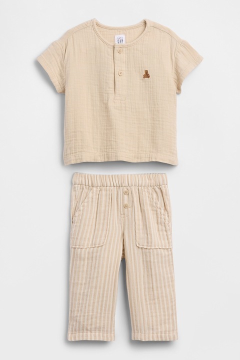GAP, Set de tricou de bumbac si pantaloni cu buzunare - 2 piese, Bej inchis