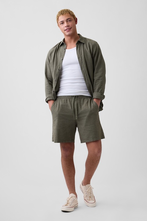 GAP, Pantaloni scurti din in si bumbac, Verde stins