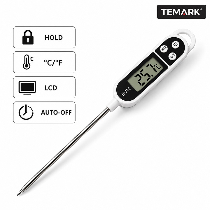 Termometru digital de bucatarie Temark TP300, sonda inox 14.5 cm, interval -50°C/+300°C, functie HOLD, LCD, °C/°F, Auto-off, pentru carne, gratar si lichide