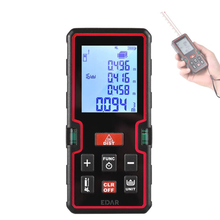 EDAR Digitális Lézeres Távmérő, Beépített Szintező, Elemes Működés, Fényes LCD Kijelző, Alkalmas Terület- Vagy Térfogatszámításhoz, Pontos Mérés, Maximum 50 Méter, Fekete