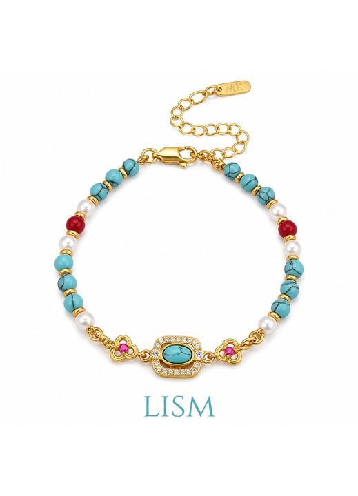 Bratara LISM cu turcoaz, perle si agat rosu, placare cu aur 18K, lant extensibil, cu cutie cadou