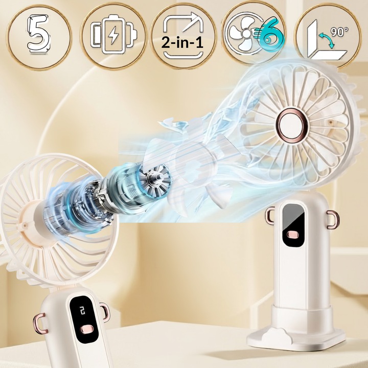 Ventilator Portabil Mini cu Suport pentru Telefon 2 in 1 Infiniteea™️, 5 Viteze Ajustabile, Afișaj Digital, Braț Pliabil 90°, Autonomie Mare, Putere 5W, Încărcare USB Type-C, Șnur Agatare și Stand Masă Inclus, Gadget Superior Birou sau Vacanță, Alb