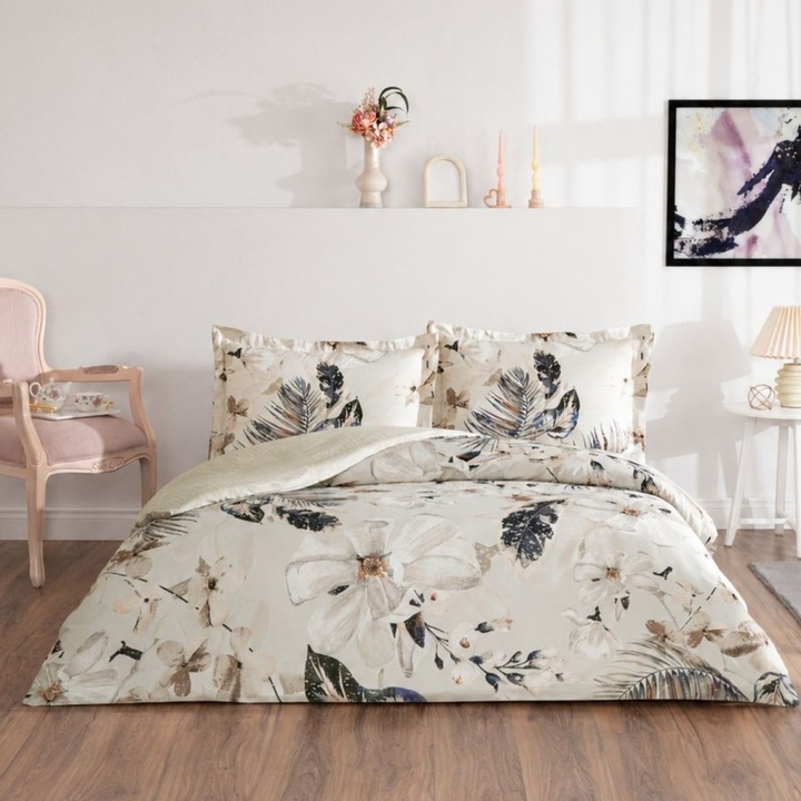 Ágynemű 1 személyes, trópusi levél mintás, 100% szatén pamut, 3 részes, 180 x 260 cm, Tac Mako-Satin, Libra Bézs