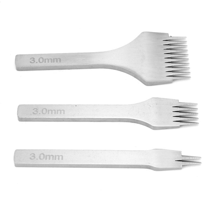 Bőrfúró készlet, francia stílusú varróvésők 3,0 mm távolsággal, 2/5/10 foggal, acél ár bőr megmunkálásához és DIY varrási projektekhez