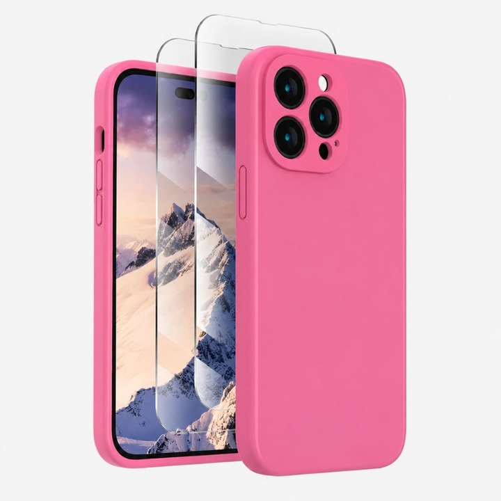 Husa pentru Iphone 14 PRO din sIlicon catifelat cu interior din microfibra si protectie la camere - Roz Neon Roz Neon