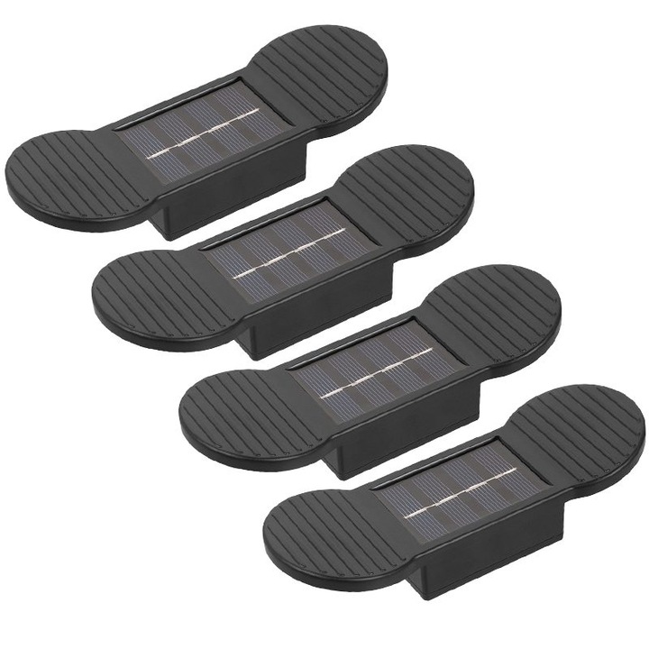 LED-es napelemes lámpa, 4 darabos szett, ABS/Polikarbonát, IP65 vízálló, 2 SMD LED, falra, lépcsőre, 1.2V, 600mah, 16 x 5.9 x 3.3 cm, Meleg fehér fény, Fekete