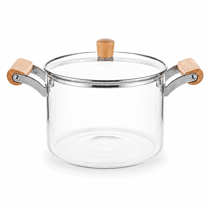 AYBR HOME hőálló boroszilikát üveg edény, 4.5 L, fedővel, fa fogantyúkkal, átlátszó