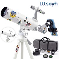 Telescop Astronomic si Terestru Lttsoyh®, Apertura 70mm, Marire 16X-120X, Lentila Barlow 3X, Oculare 25mm si 10mm, Adaptor Smartphone, Trepied Reglabil 55-125cm, Scalare Focalizare, Cautare 5x24, Prisma Redresoare Integrata, Autocolante Spatiale, Alb