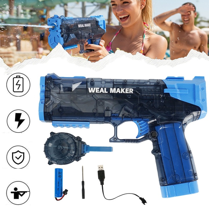 Pistol Cu ​​Apa Electric Pentru Copii Si Adulti, Pistol Cu ​​Apa Electric, Design Transparent, 500ml+50ml, Jucarii Automate Cu Pistol Cu ​​Apa Pentru Petreceri La Piscina, Plaja, Exterior (Albastru)