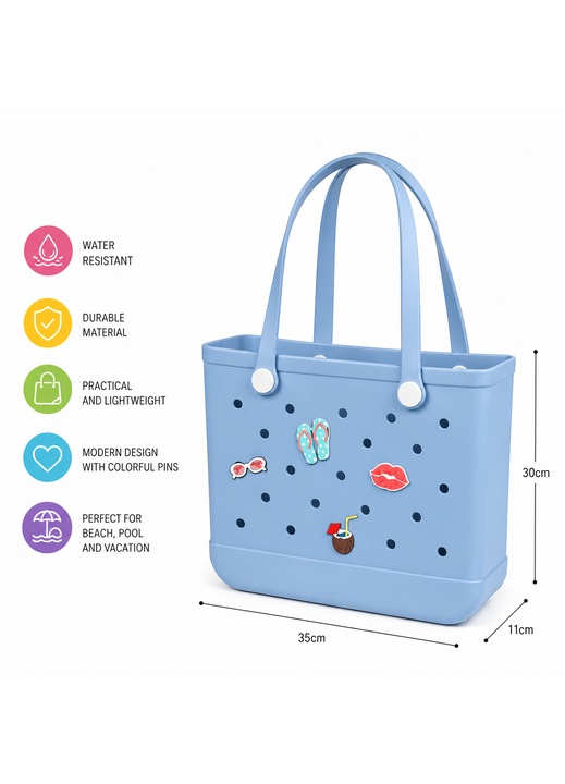 Плажна чанта VARENTIS™ EVA с подвижни пинове, водоустойчива, Bogg Bag, чанта за басейн, голям капацитет, синя, 35x11x30 см