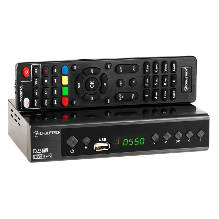 Decodor TV tuner DVB-T/C HEVC H.265 10 biti Receptor Cabletech cu EPG, PVR si Timeshift