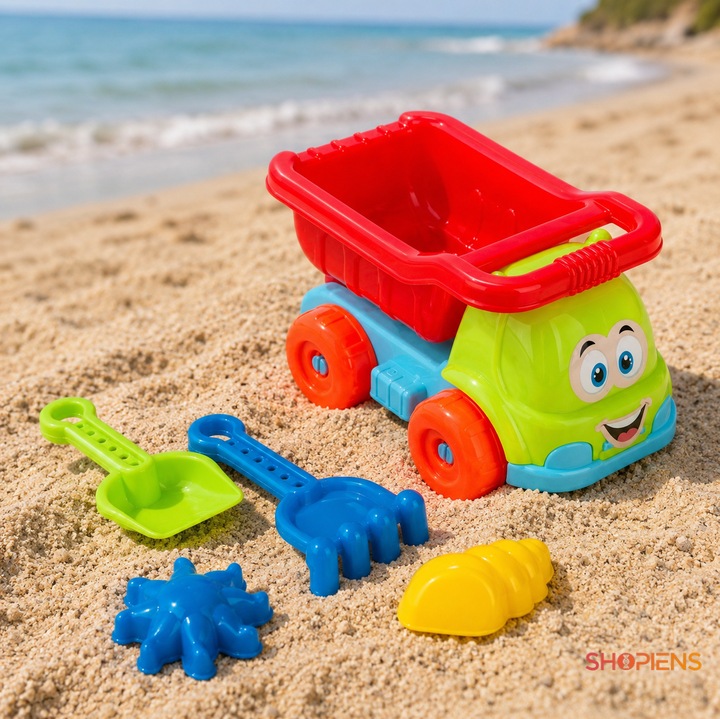 Set Jucarii Plaja Copii Camion Basculanta Verde Rosu Cu Lopatica Grebla Si 2 Forme Nisip Plastic Pentru Exterior 25x14x17cm