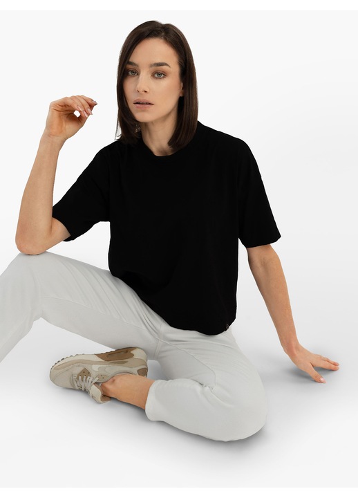 Női pamut póló rövid ujjú, Comfort Fit, egyszínű, Volcano T-Flame, fekete, XXL