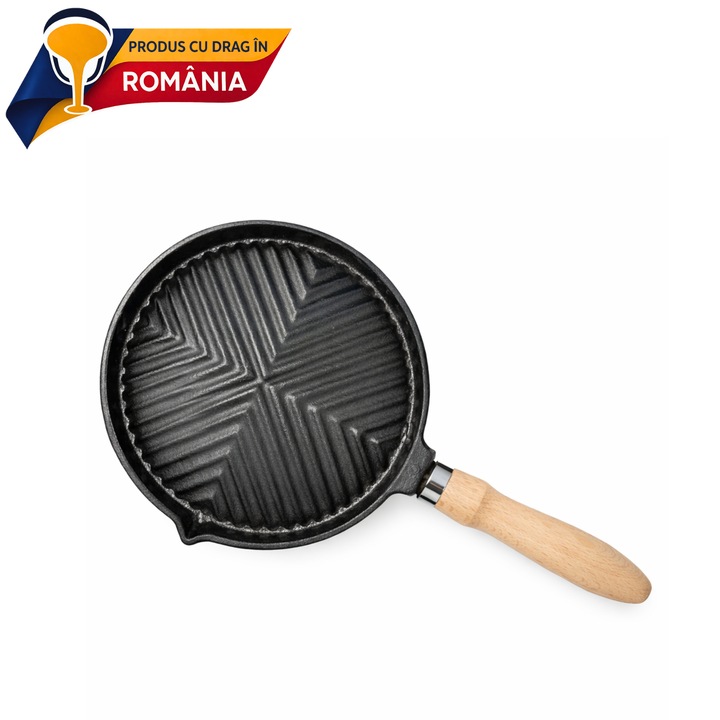 Ívelt öntöttvas grill serpenyő fa nyéllel, 20cm x 4cm, gyors főzéshez