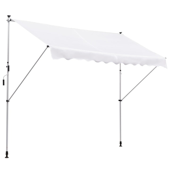 Fali napellenző teleszkópos alumínium oszlopokkal és poliészterrel, 300x150 cm, oszlopok 170-280 cm, dőlésszög 0-90°, hajtókar 120 cm, fehér, Re-Bloom