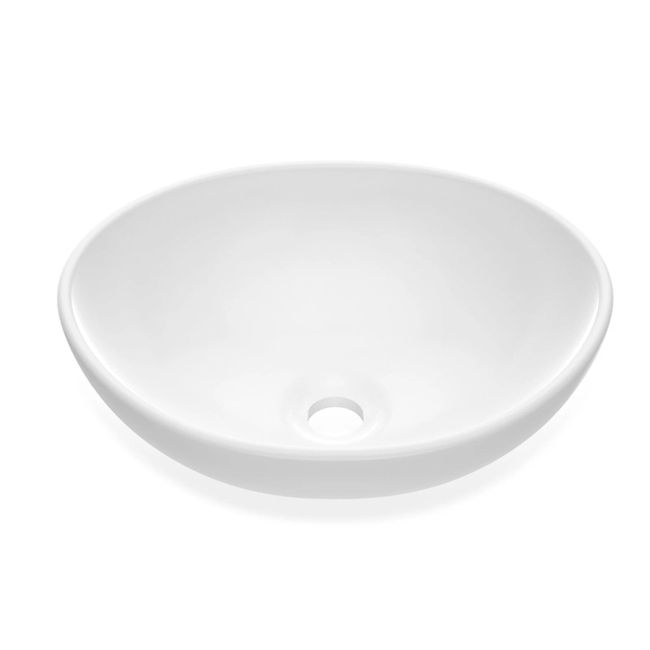 Fürdőszobai mosdó, ovális kerámia mosdókagyló pultra, pultra szerelhető, 12 l űrtartalom, csaplyuk nélkül, fehér