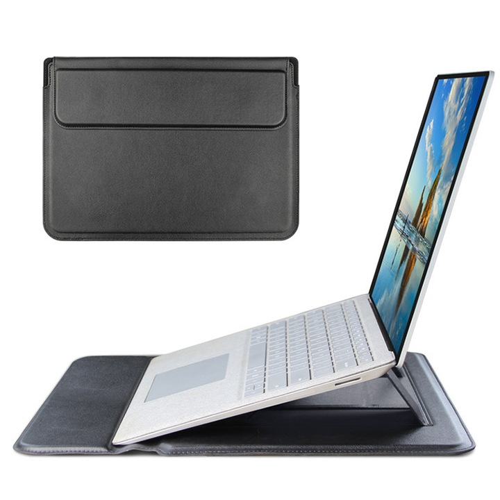 Husa Protectie Multifunctionala pentru Laptop 13.3-14 inch, NAXSIR, Suport Integrat Reglabil, Piele Ecologica, negru