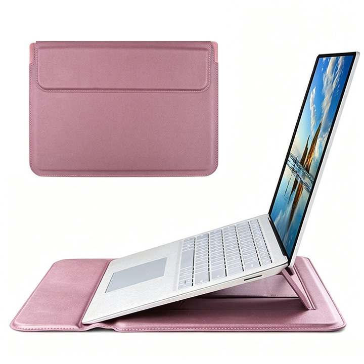 Husa Protectie Multifunctionala pentru Laptop 15-16 inch, NAXSIR, Suport Integrat Reglabil, Piele Ecologica, Roz-violet