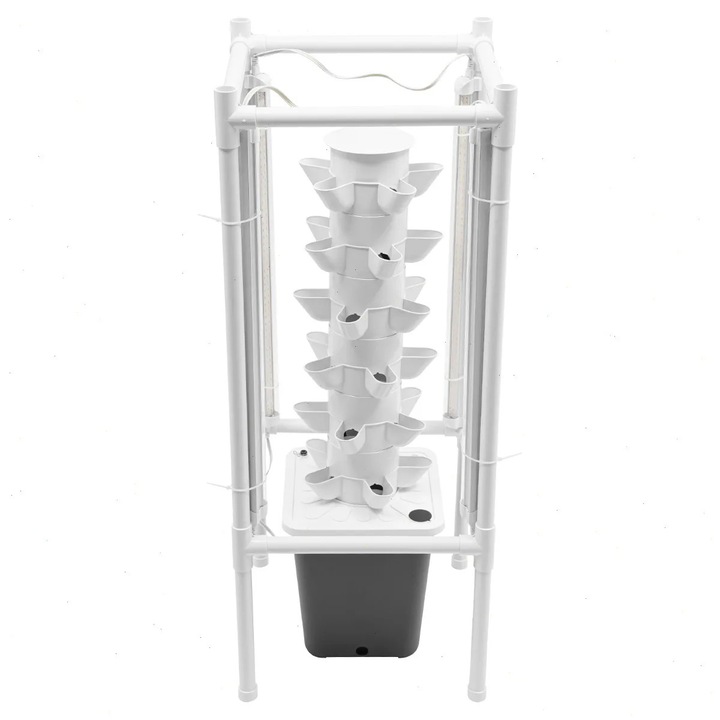 Sistem de cultivare hidroponica, Kit turn, 6 straturi, 30 orificii de plantare, 4 lampi LED, rezervor 10 l, interior/exterior, 39×39×97 cm, Gri