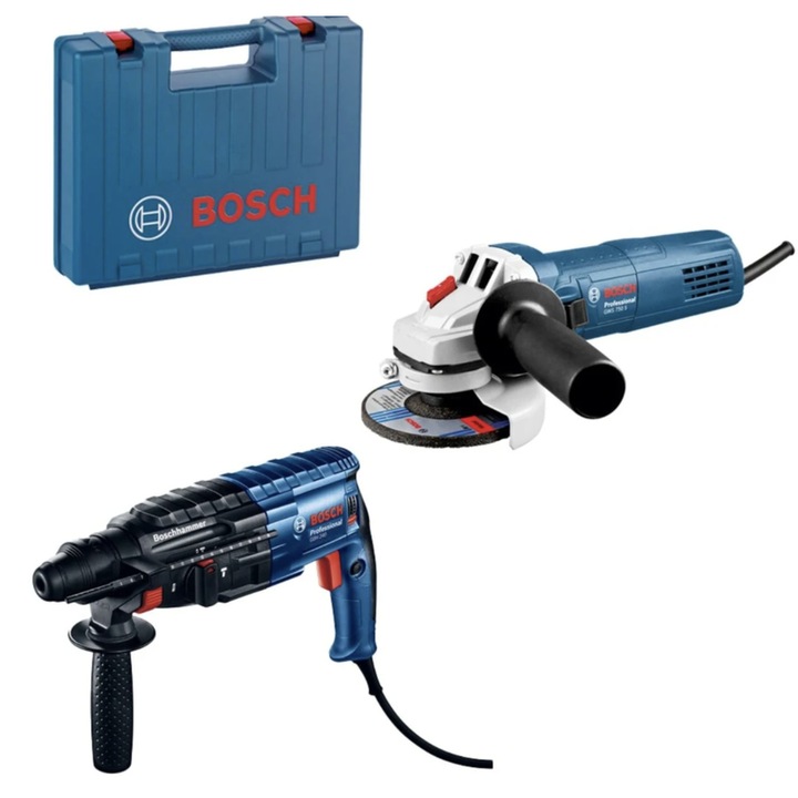 Set scule cu cablu, Bosch Profesional, ciocan rotopercutor 790 W + polizor unghiular 750 W, cu valiza din plastic, pentru taiere, gaurire, insurubare, slefuire, constructii, renovari sau intretinere