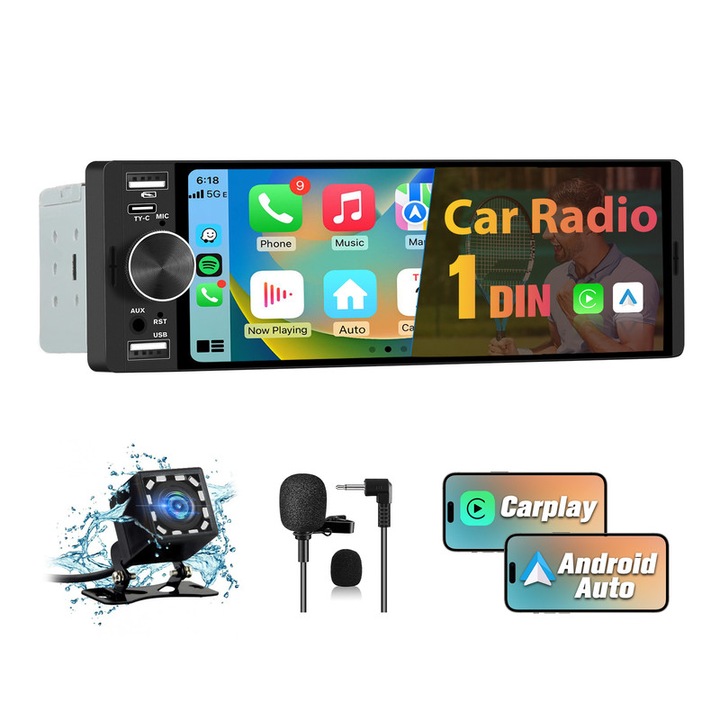 Radio universal 1-DIN Carplay / Android, Hexinex, ecran tactil de 6, 28 inci, comenzi pe volan, Bluetooth, FM, Type-C, port USB