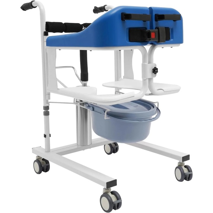 Scaun transfer pacient, Scaun cu roti de dus/toaleta hidraulic, 4 roti cu frane, Inaltime ridicare 42–61 cm, 90 kg, Spatar 180°