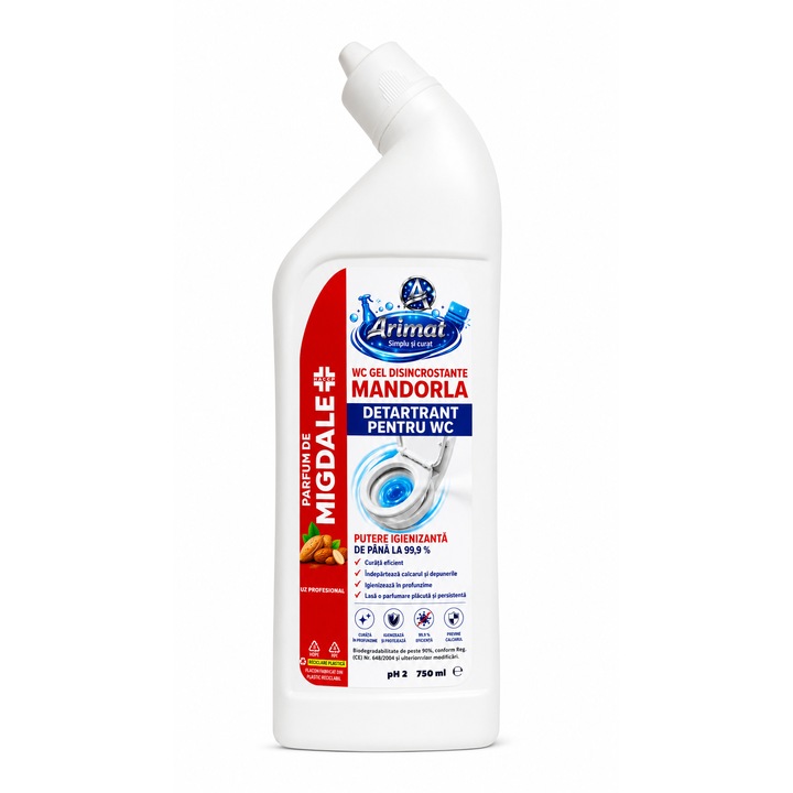 Arimat® Mandorla Gel detartrant profesional pentru WC, 750 ml, parfum de migdale, indeparteaza calcarul, depunerile si murdaria, igienizeaza si lasa un parfum placut