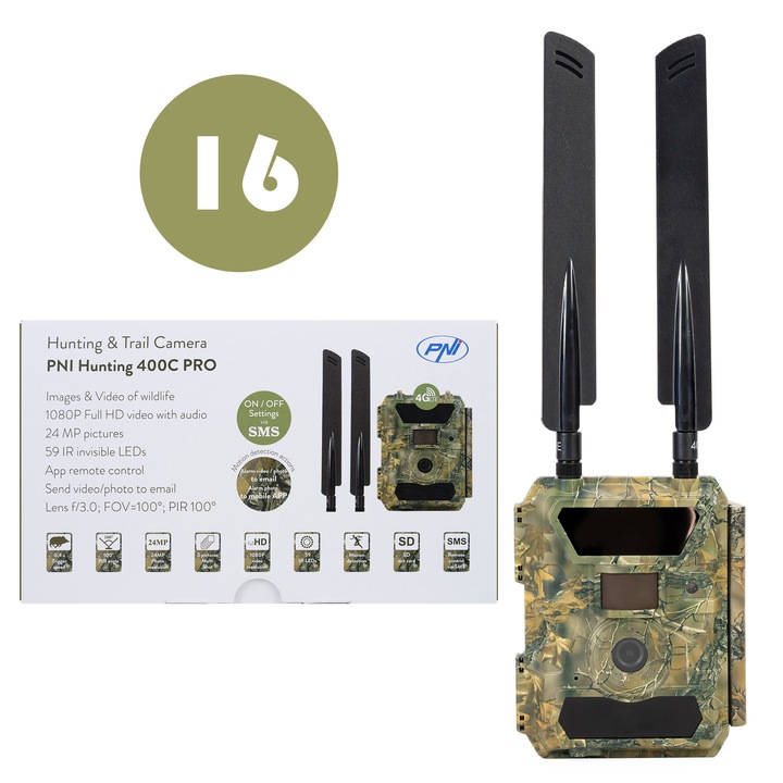 Bax 16 бр. Камера за лов PNI Hunting 400C PRO 24MP с 4G LTE интернет, GPS, предава едновременно видео и снимки на телефон, 4 имейла, FTP, Full HD 1080P, нощно виждане, 59 невидими LED диода за животни