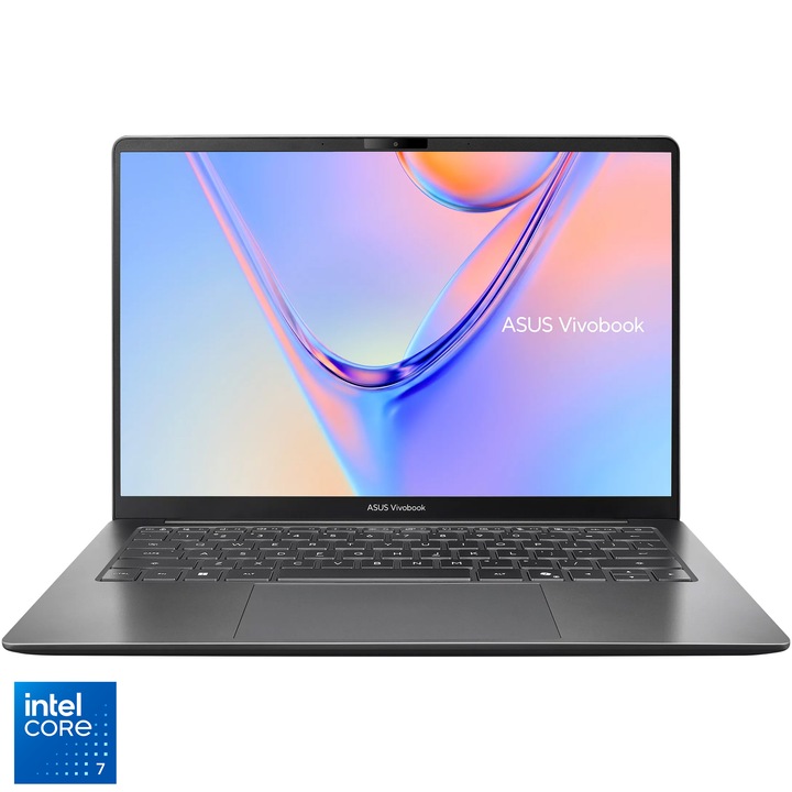 Laptop ASUS Vivobook S14 S5452MA cu procesor Intel® Core™ 7 350 pana la 4.8GHz, 14'', WUXGA, IPS, 8GB LPDDR5X RAM, 512GB SSD, Intel® Graphics, No OS, Matte Gray