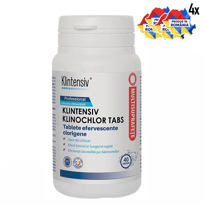 Tablete dezinfectante clor active Klintensiv Klinochlor Tabs, TP4, pentru suprafete, pavimente, vesela si ustensile, spectru larg, bactericid, fungicid, virucid, 40 tablete, 4x Stickere
