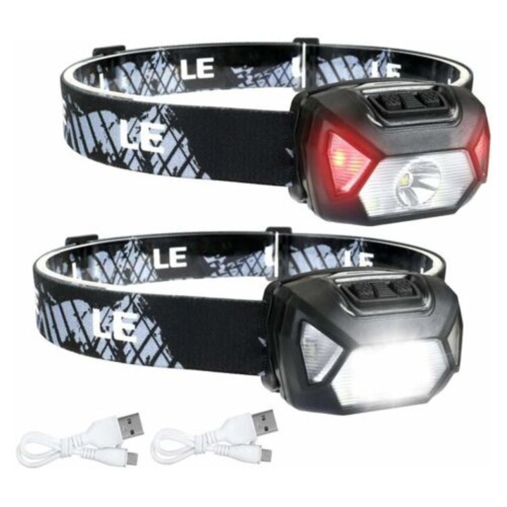Erős és újratölthető LED fejlámpa, D500 USB LED fejlámpa, 2000 lux fehér és piros fény, 6 világítási mód, IPX6 vízálló kerékpározáshoz, kempingezéshez, túrázáshoz, barkácsoláshoz, 2 darabos csomag