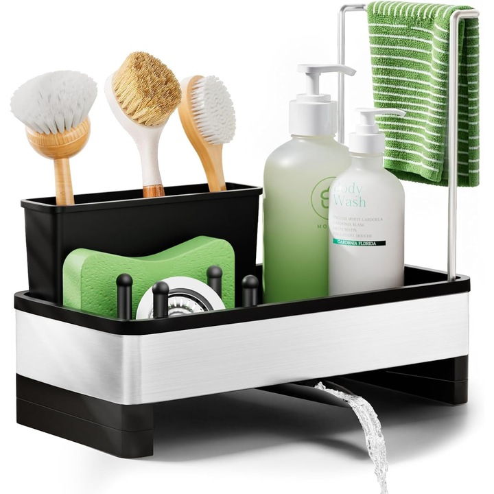 Organizator chiuveta bucatarie multifunctional, otel inoxidabil, negru, 24x12x5.7cm