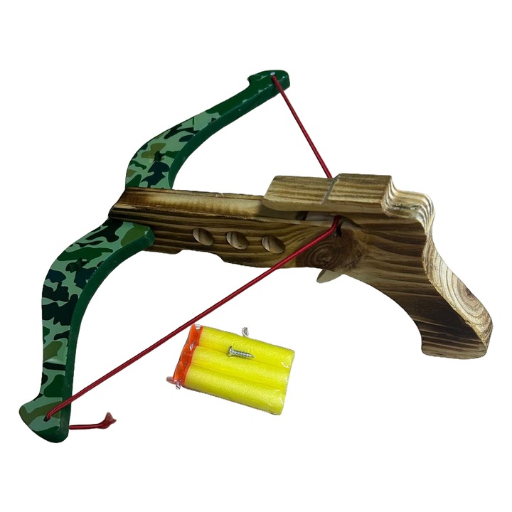Set arbaleta de jucarie din lemn pentru copii, lungime 25 cm, include 3 proiectile din spuma si surub de fixare, Verde