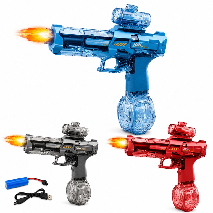 Pistol Electric cu Apa, Lumini LED cu Efect de Foc, Baterie Reincarcabila, Rezervor Mare, Culoare Random