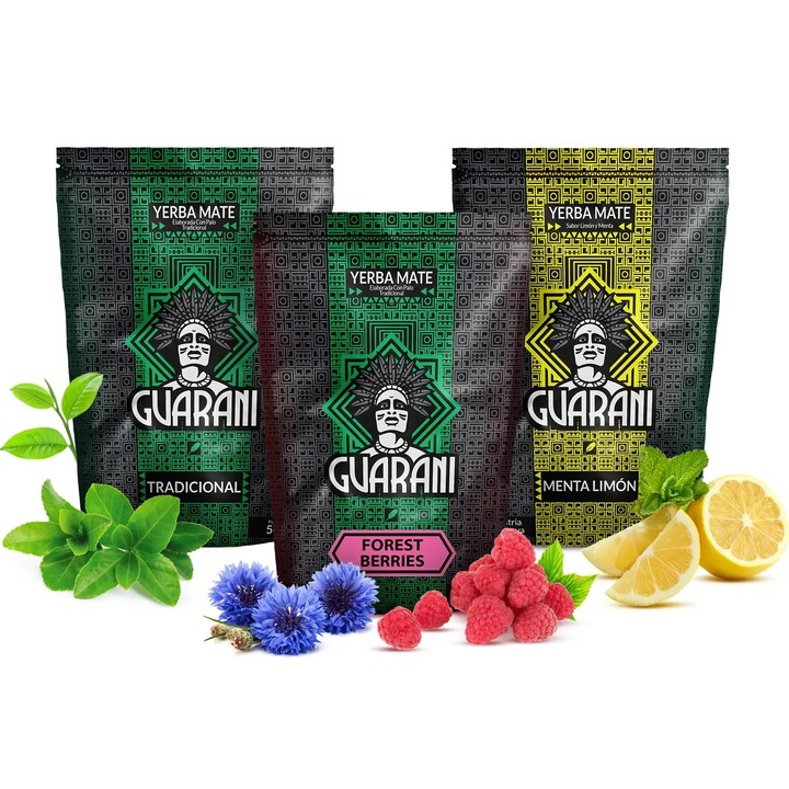 Set Ceai Yerba Mate, Guarani, Menta Limon, Forest Berries, Elaborada Con Palo Tradicional, Paraguay, Calitate Superioara, Aroma Intensa, Gust Echilibrat, 3x500 g