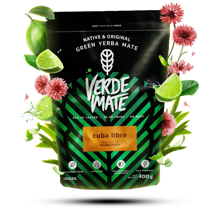 Yerba Mate Tea, Verde Mate, Cuba Libre, Intenzív Aroma, Válogatott Levelek, Kiváló Minőség, Brazília, 400 g